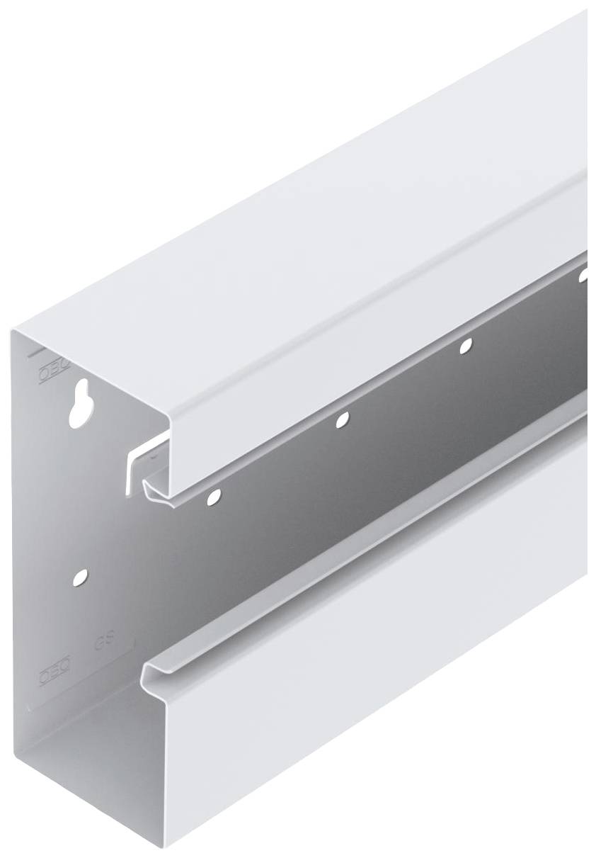 Profilé métallique perforé, adapté pour la fixation murale d'étagères ou d'objets. Forme rectangulaire, gris, avec plusieurs trous de perçage.