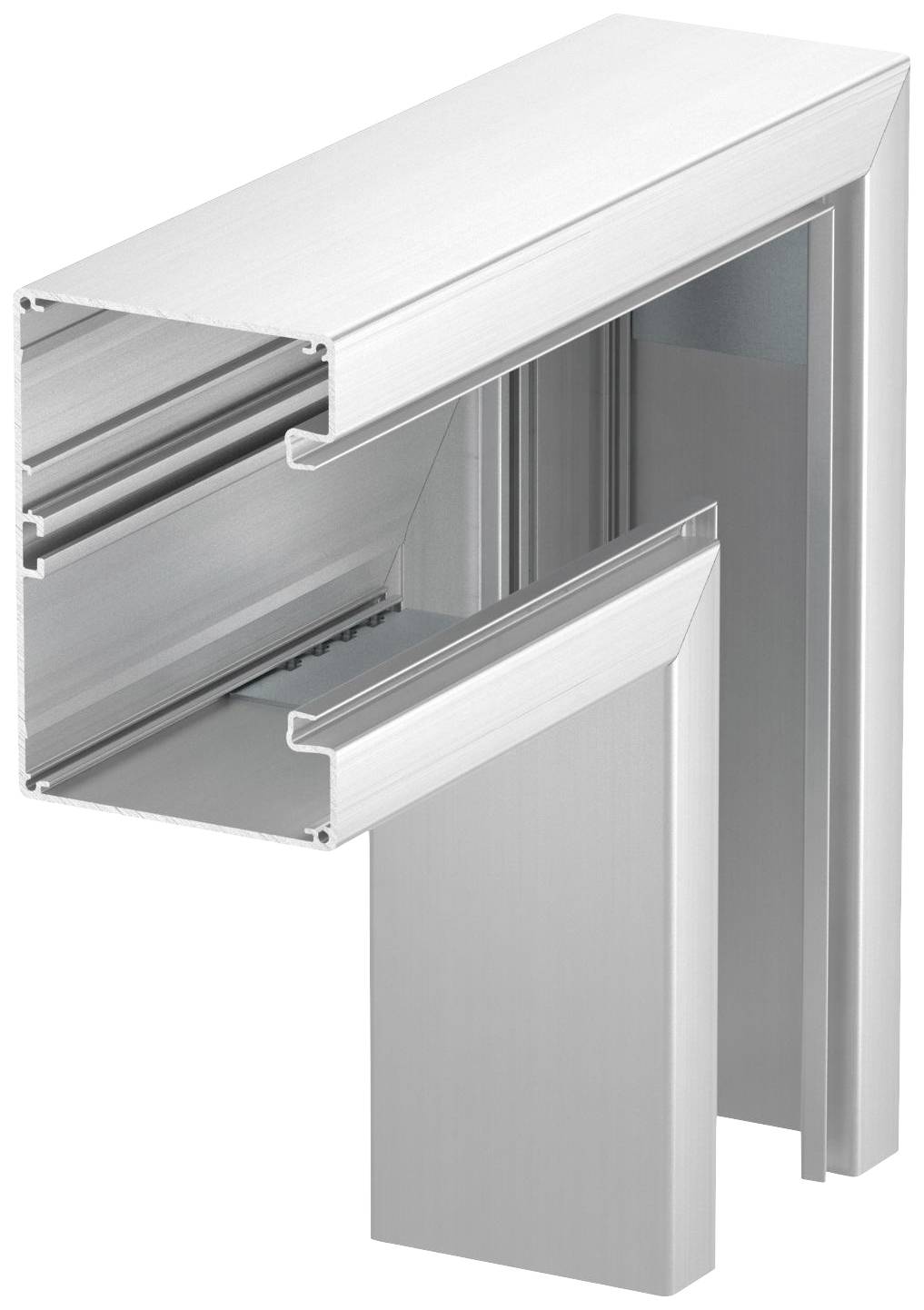 Un diagramme en coupe d'un cadre extérieur et d'un profilé en aluminium argenté.