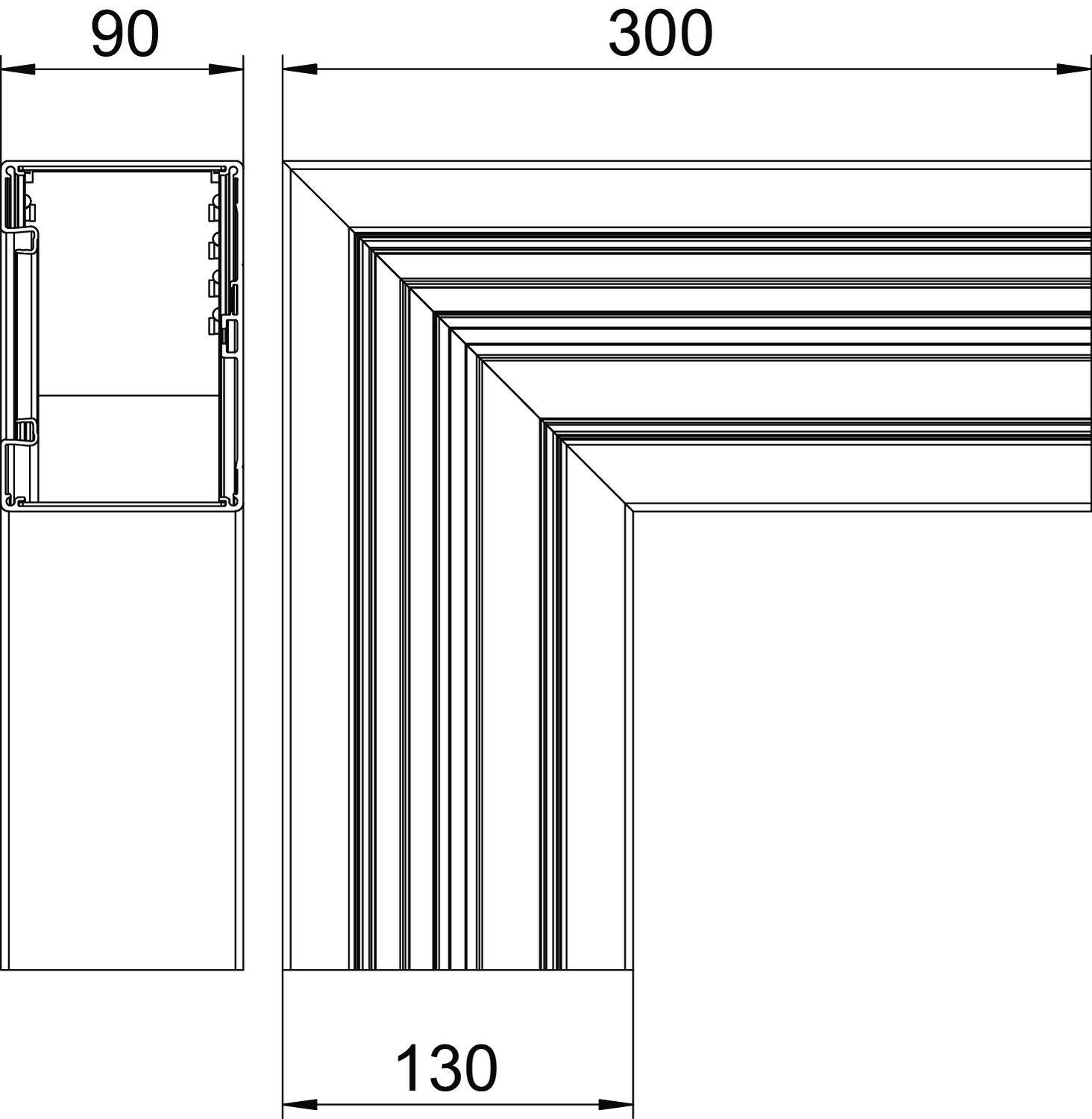 Dessin d'un cadre rectangulaire avec les dimensions suivantes : largeur 130, hauteur 90, longueur 300. Des lignes détaillées montrent la structure du cadre.