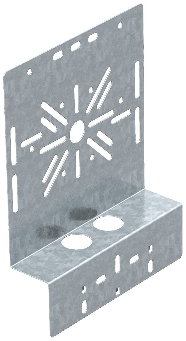 Équerre métallique avec plusieurs perforations et un motif en étoile. Utilisée dans les applications de construction pour renforcer et relier des matériaux.