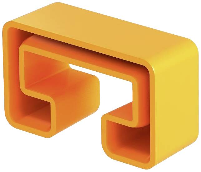 Un tabouret ou une table orange, aux lignes courbes et au design moderne ; forme rectangulaire avec des coins arrondis et un espace intérieur ouvert.