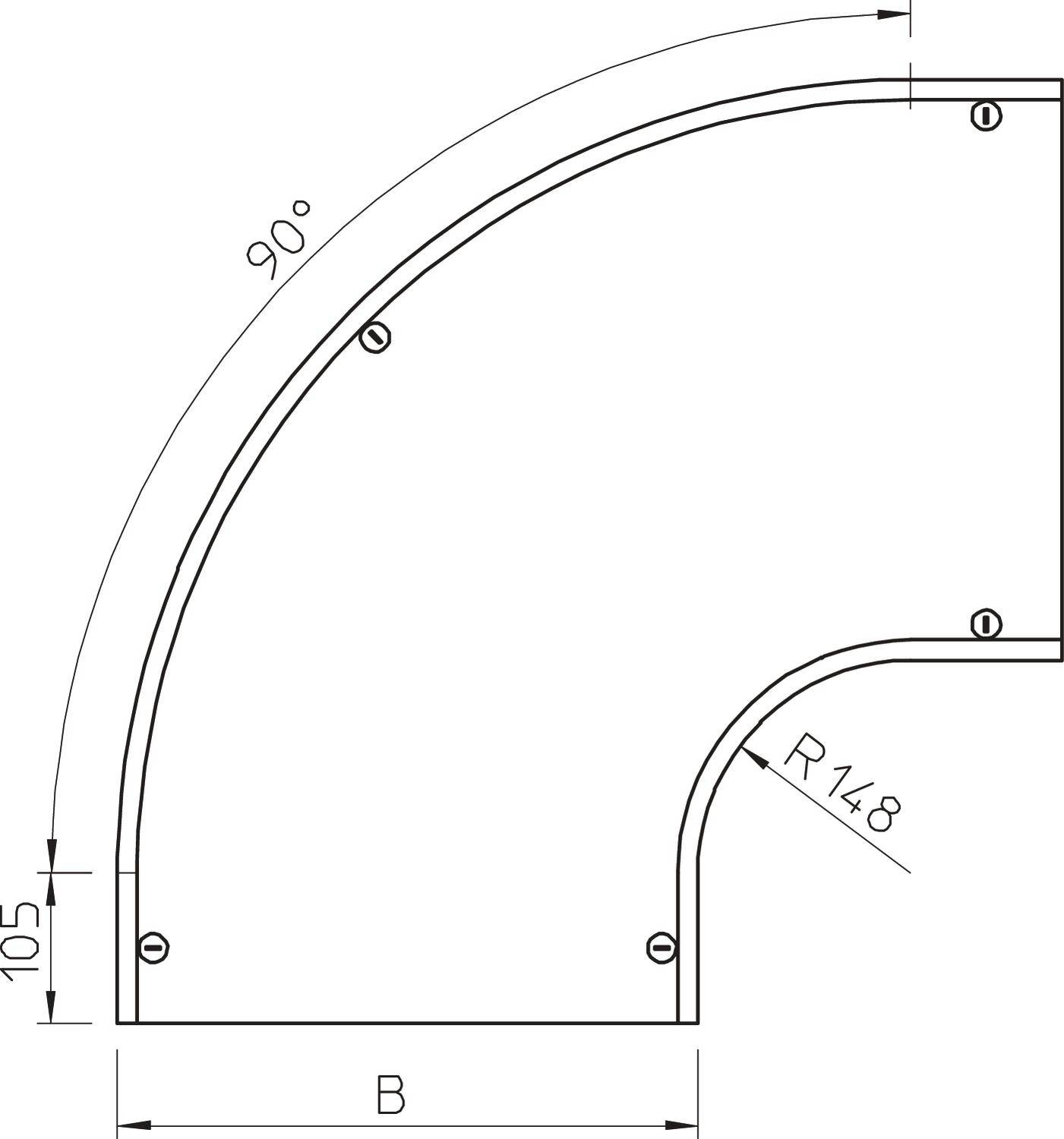 Dessin technique d'un angle à 90 degrés avec rayon R148, largeur B, hauteur 105, trous de vis et annotations.