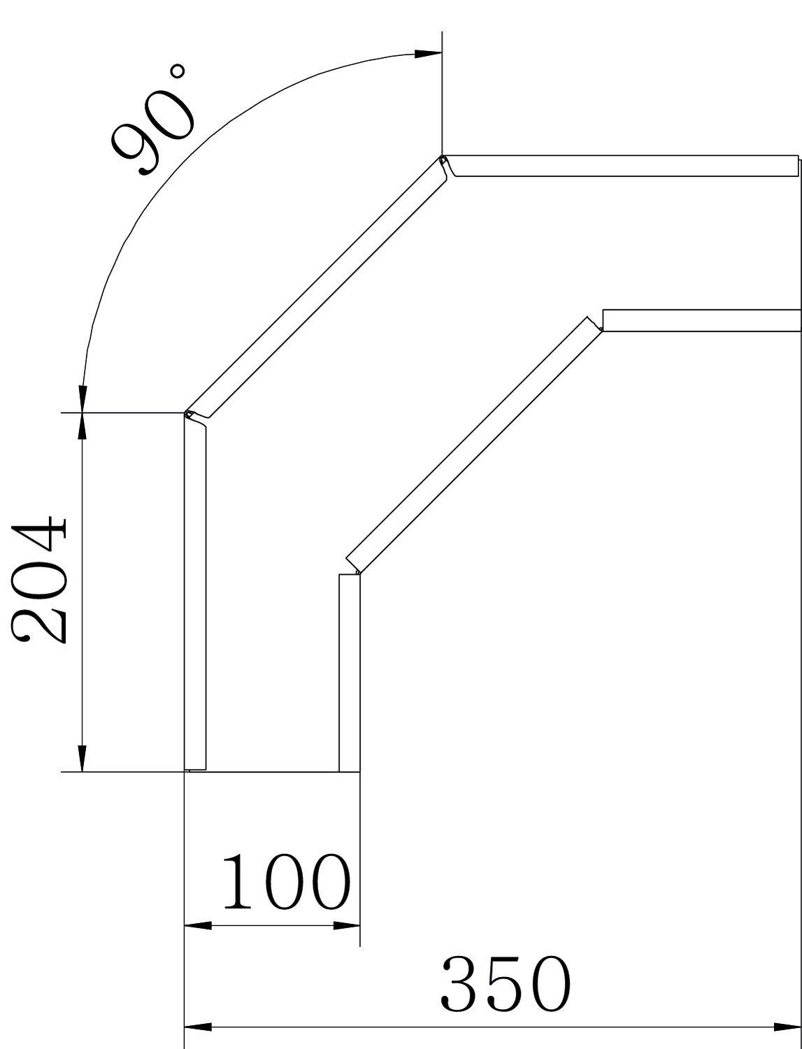 Dessin technique : Structure en L avec un angle droit de 90 degrés. Longueur horizontale 350, longueur verticale 204, et une ligne diagonale de 100 millimètres.