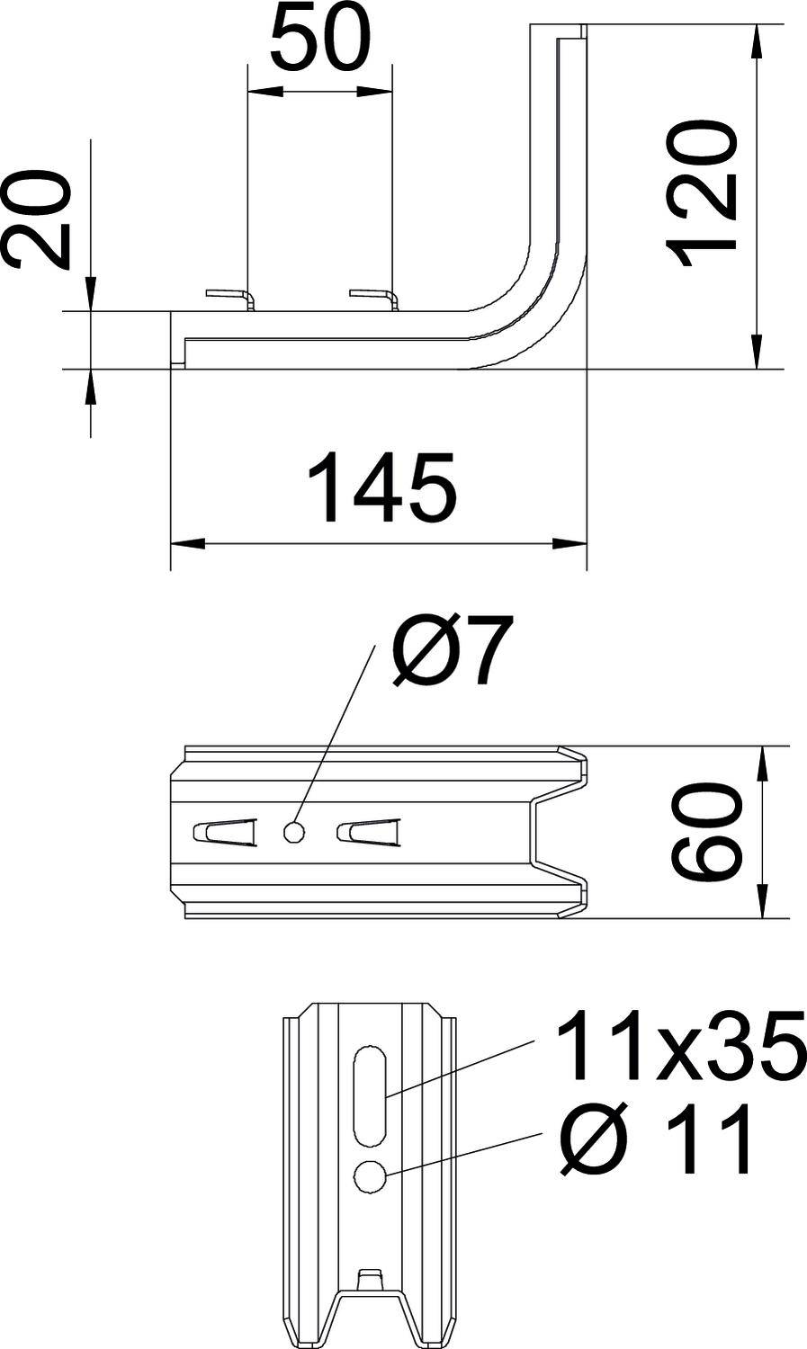 Dessin technique d'un équerre métallique avec les dimensions : longueur 145 mm, hauteur 120 mm, largeur 50 mm. Diamètres Ø7, Ø11, et perçage 11x35 également indiqués.
