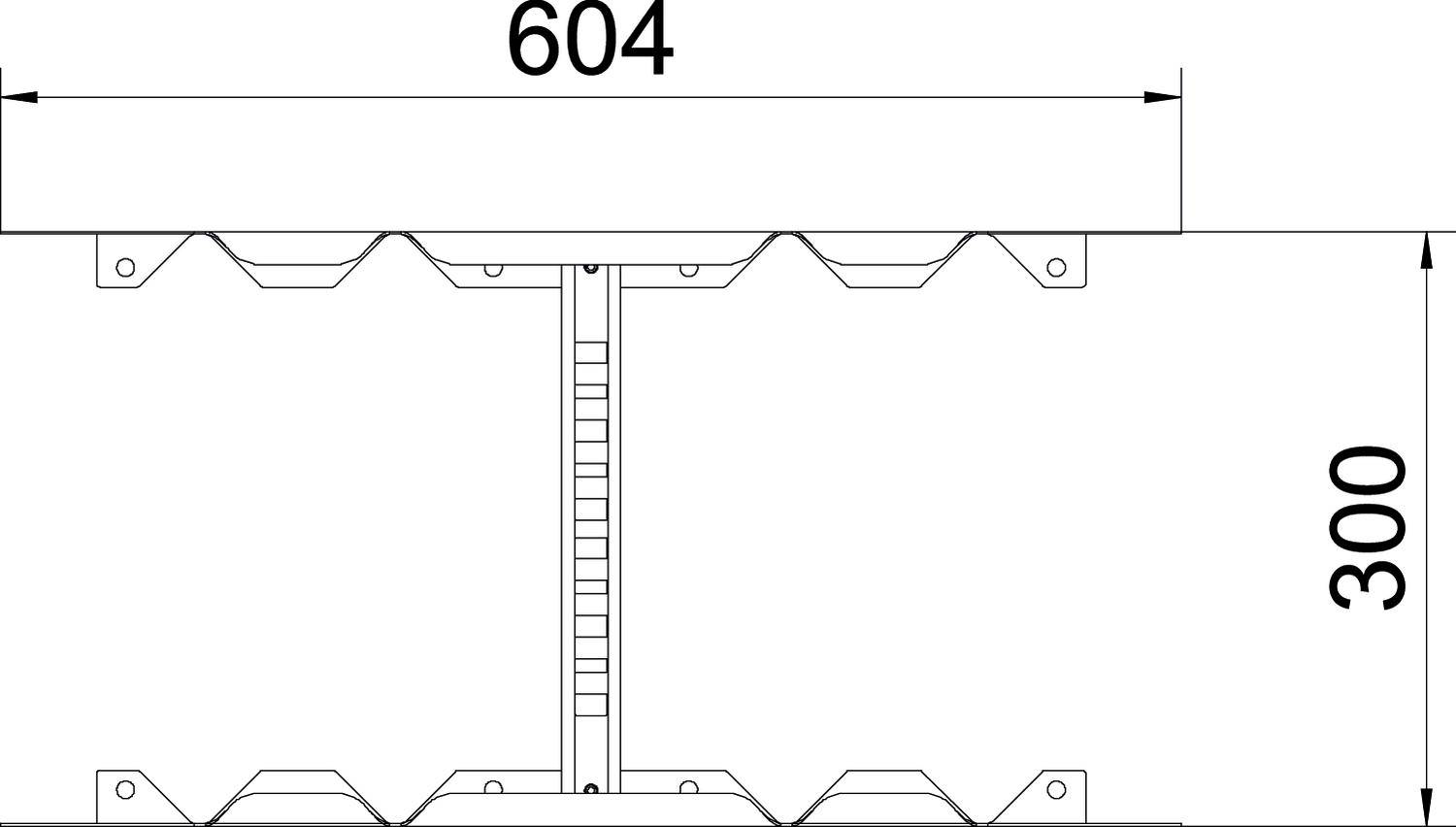 Dessin technique : Coupe transversale d'une construction avec les dimensions 604 mm de largeur et 300 mm de hauteur.