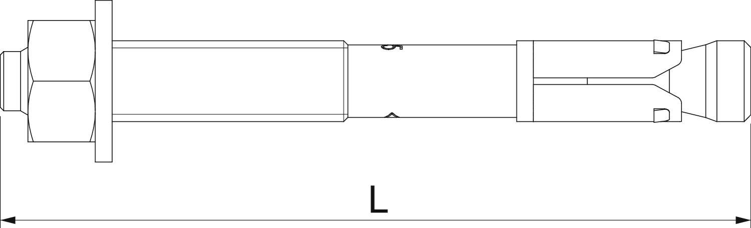 Dessin technique d'un boulon avec écrous et chevilles. Indication 'L' pour la longueur du boulon.