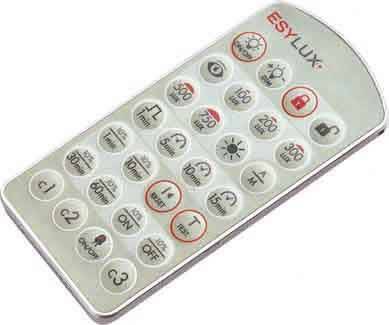 Télécommande avec 23 touches, comprenant Timer, Marche/Arrêt, Luminosité et Verrouillage de la télécommande. Le logo 'ESYLUX' est situé en haut à droite.