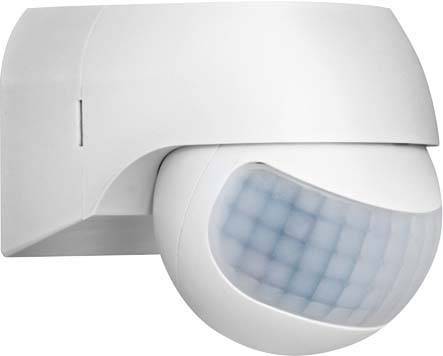 Un détecteur de mouvement blanc au design arrondi, monté sur un mur. La zone de détection est représentée en bleu.