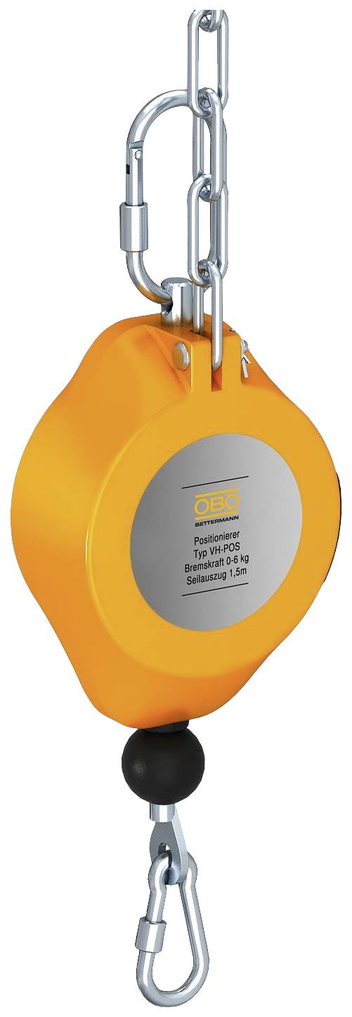 Un dispositif de sécurité en hauteur orange avec une étiquette argentée et un crochet, conçu pour prévenir les chutes.