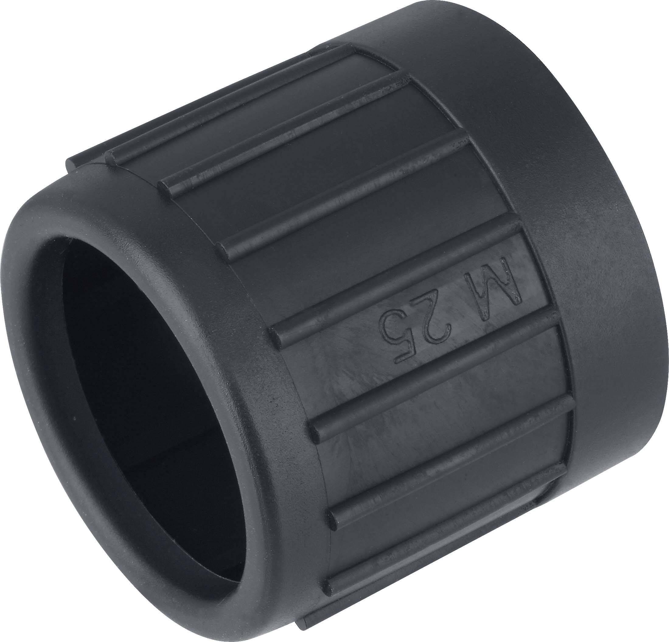 Bouchon en plastique noir avec rainures, marqué 'M 25'. Utilisable comme capuchon de protection ou couvercle dans des dispositifs techniques.