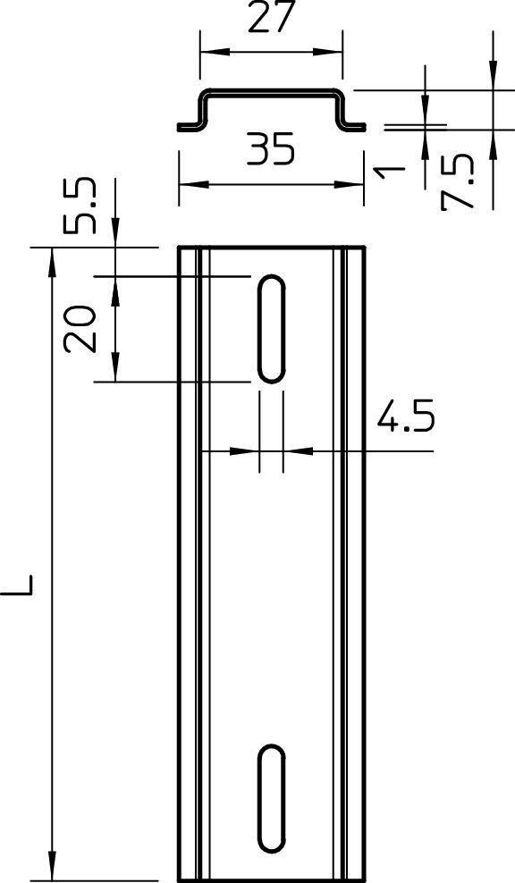 Dessin technique d'un profilé métallique avec dimensions : largeur 35 mm, hauteur 27 mm, longueur L, trous espacés de 20 mm, diamètre des trous 4,5 mm.