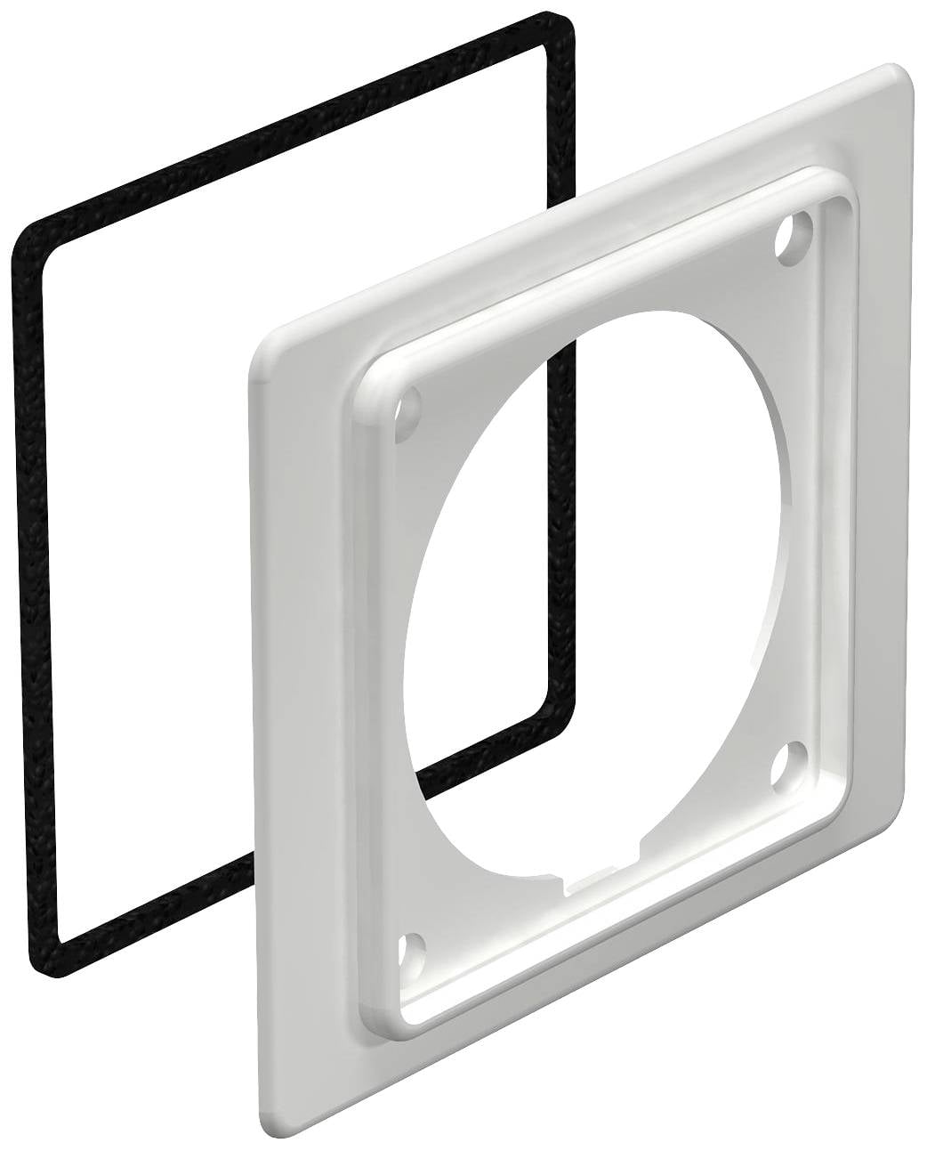 Cadre de mur blanc avec ouverture circulaire et joint noir situé derrière, représenté en vue 3D.