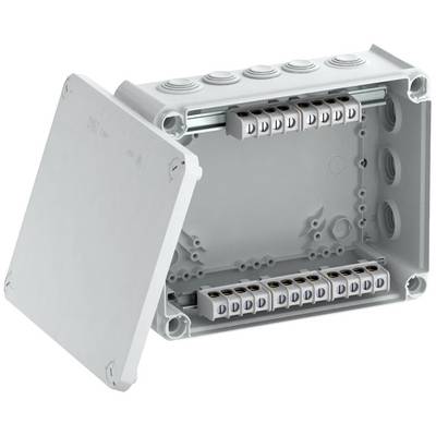 Boîtier en plastique avec couvercle ouvert, montrant un rail de connexion électrique interne, adapté pour les installations électriques.