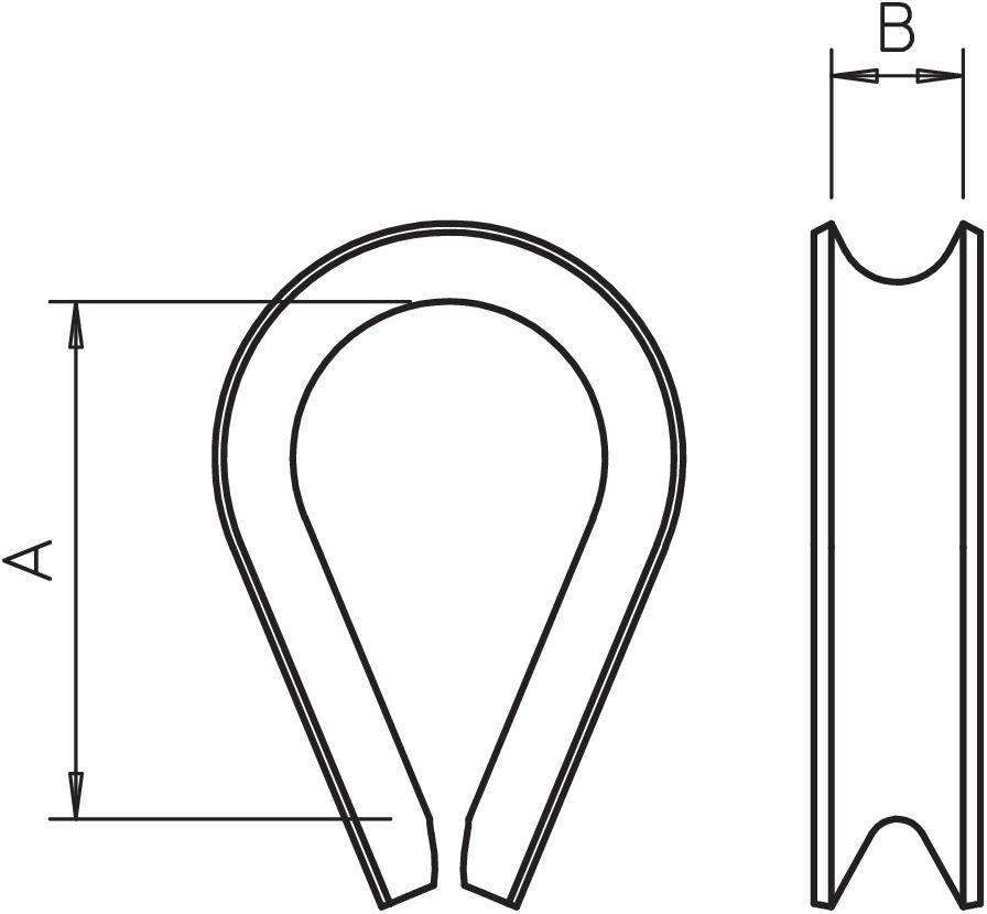 Dessin technique d'un cosse avec les dimensions A et B. Vues : face avant montrant la forme en U, vue latérale montrant la profondeur.