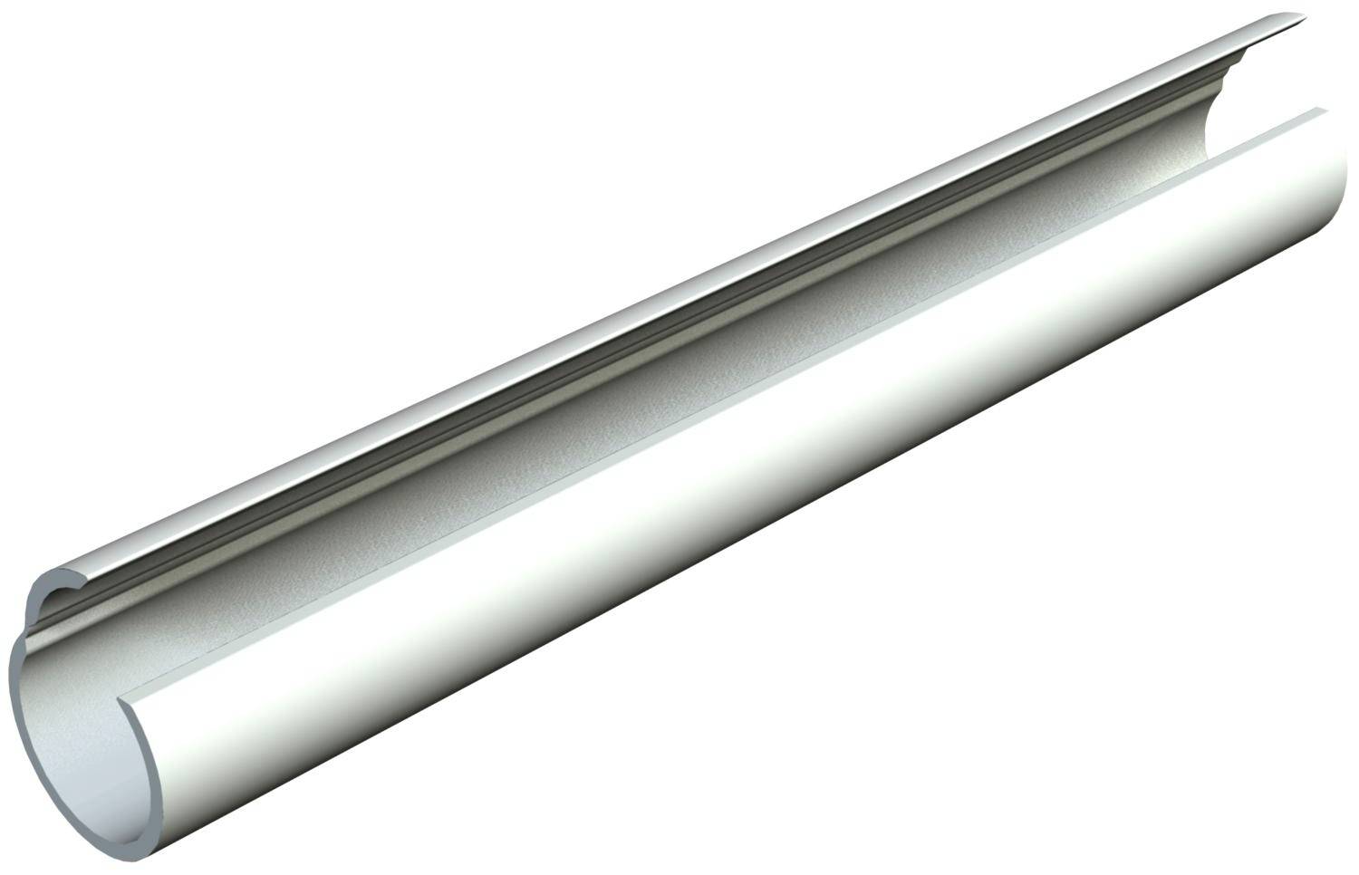 Un profilé simple en aluminium argenté, de forme cylindrique, pouvant être utilisé pour protéger des bords ou servir de rail de guidage.