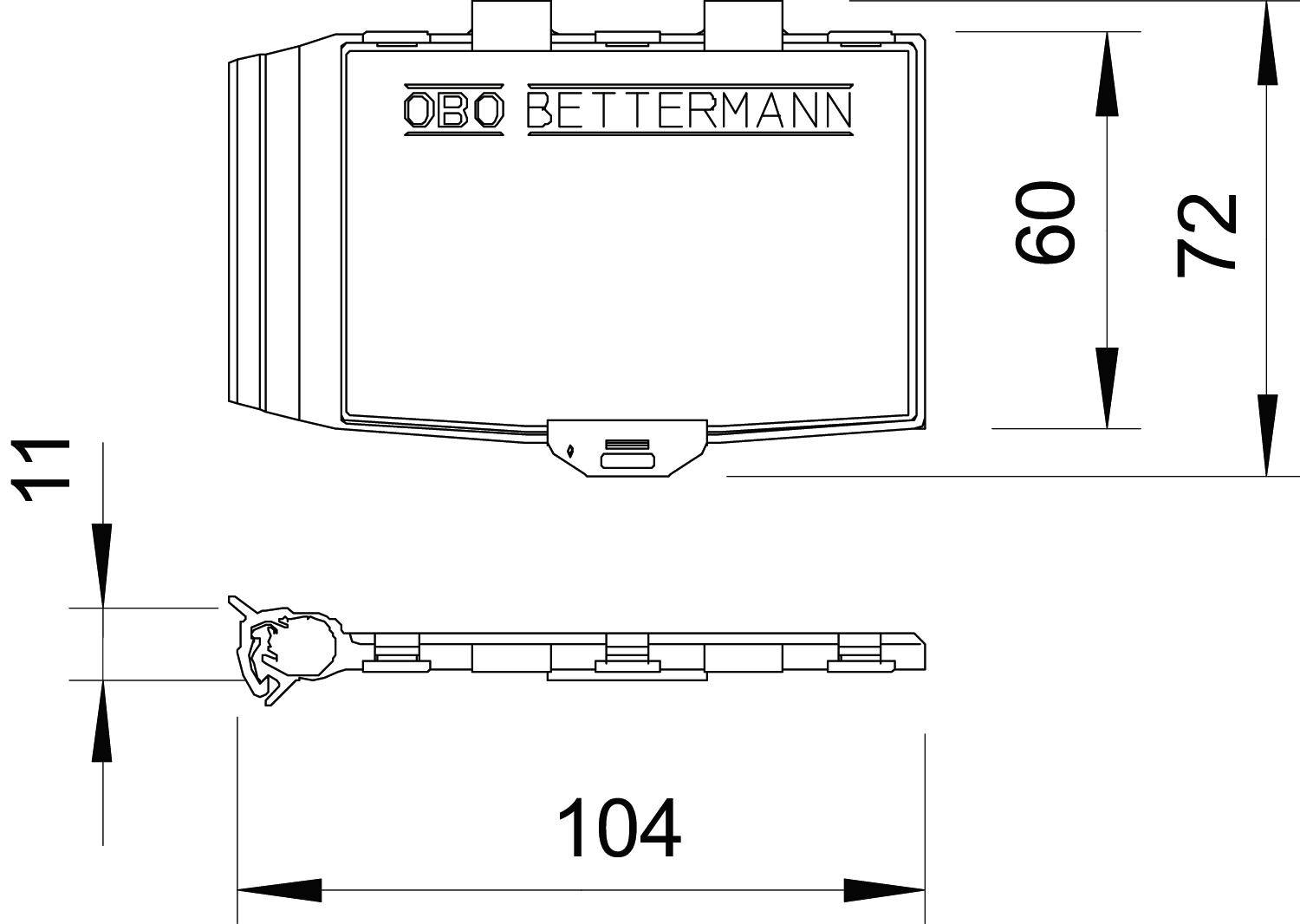 Dessin technique d'un couvercle OBO Bettermann avec dimensions : 60 mm de hauteur, 72 mm de largeur, 104 mm de profondeur, 11 mm d'écart.