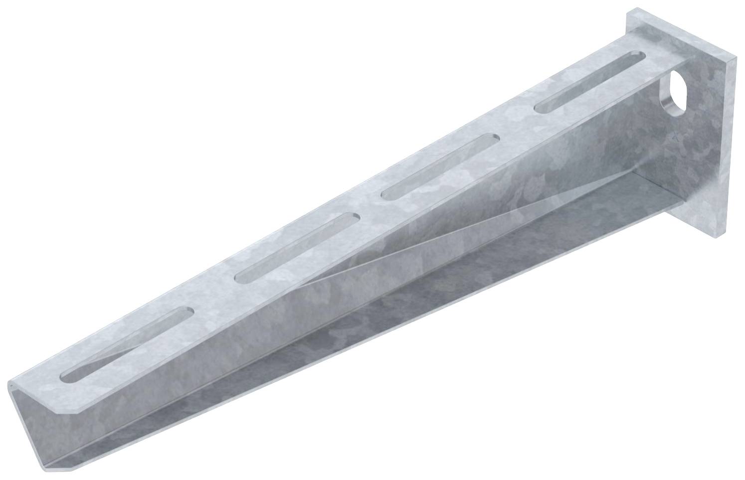 Profilé d'angle métallique en gris, doté de plusieurs fentes, probablement destiné à la fixation sur des murs ou d'autres surfaces.