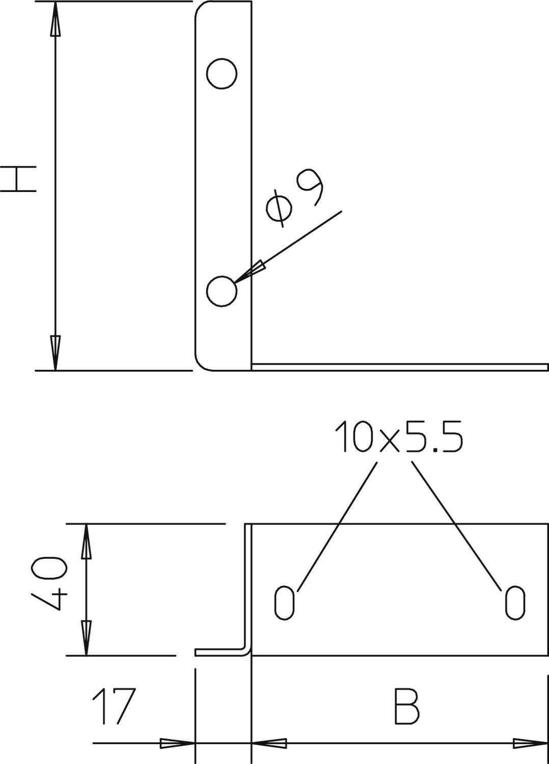 Dessin technique d'un équerre métallique en L, montrant les dimensions H, B, deux trous de diamètre 9 mm et un trou de 10x5,5 mm.
