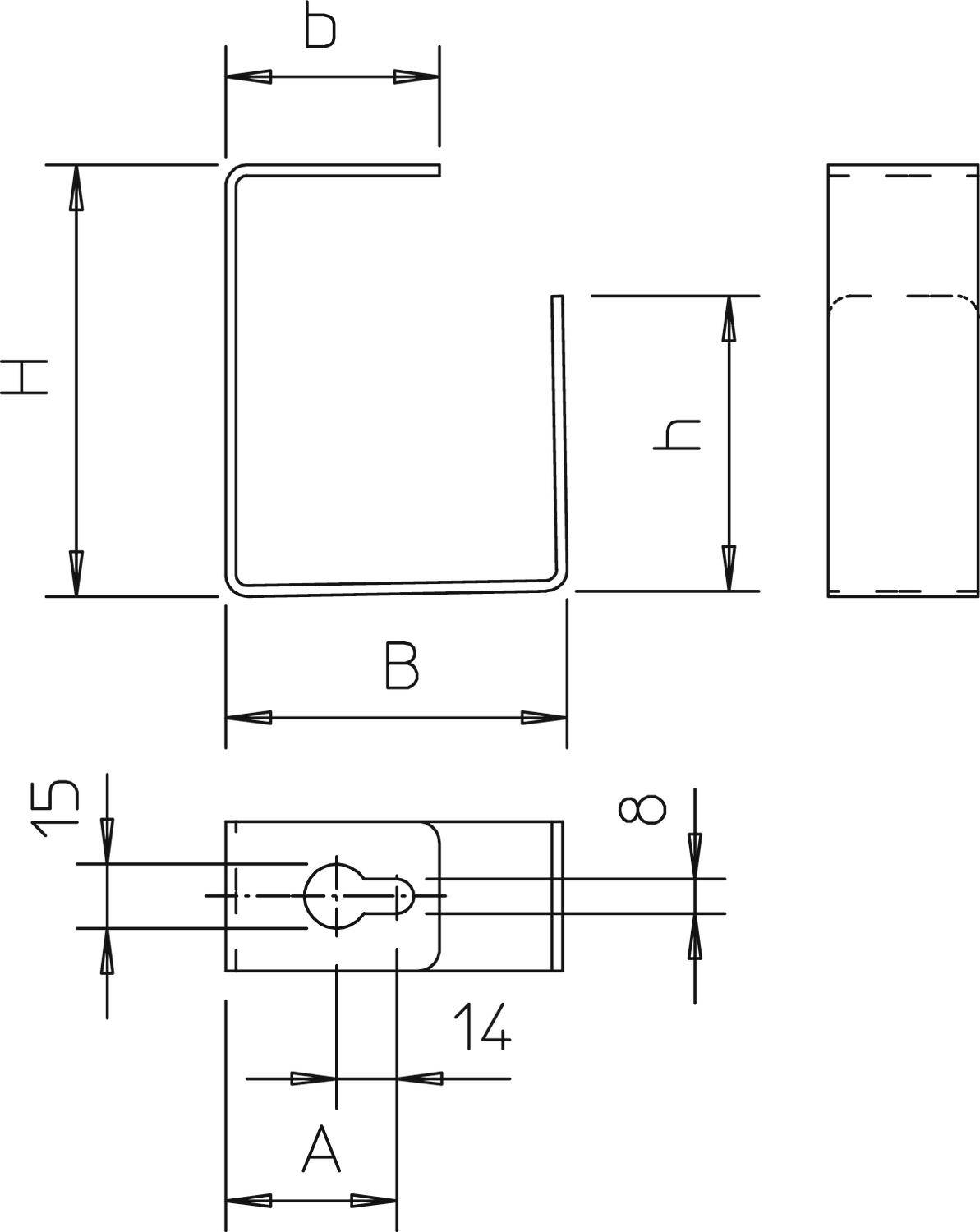 Dessin technique d'un profilé métallique en U avec dimensions : H, B, A, b, h. Le profil présente une vue de face, une vue de côté et une vue de dessus.
