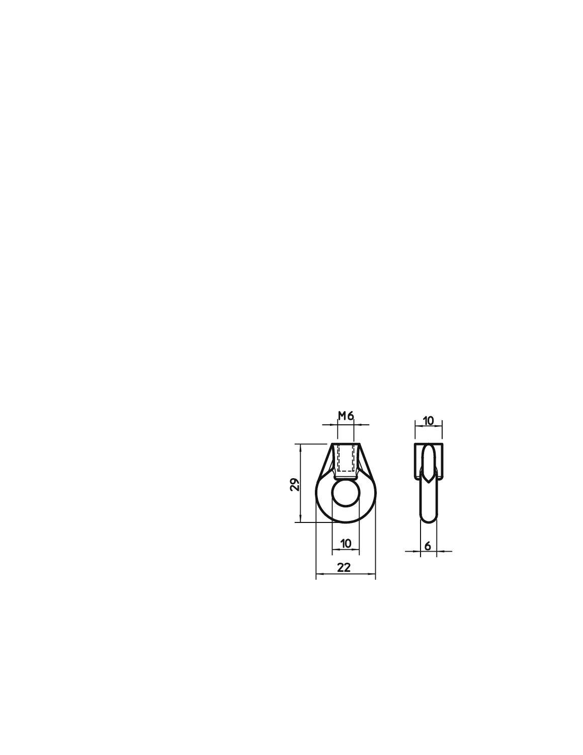 Dessin technique d'une pièce métallique avec filetage M6, vue de dessus et vue latérale. Dimensions : hauteur 20 mm, largeur 22 mm, longueur 10 mm.