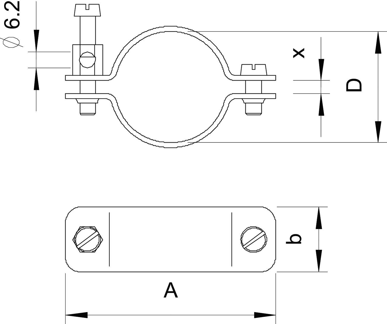 Dessin technique d'un collier de serrage avec dimensions. En haut : Vue latérale du clip de serrage avec diamètre 'D'. En bas : Vue de dessus avec longueur 'A'.