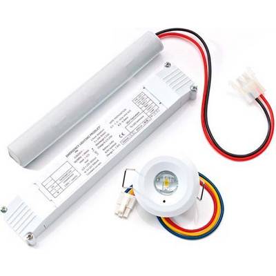 Système d'éclairage de secours à LED avec module de batterie rectangulaire et luminaire circulaire, reliés par des câbles colorés.