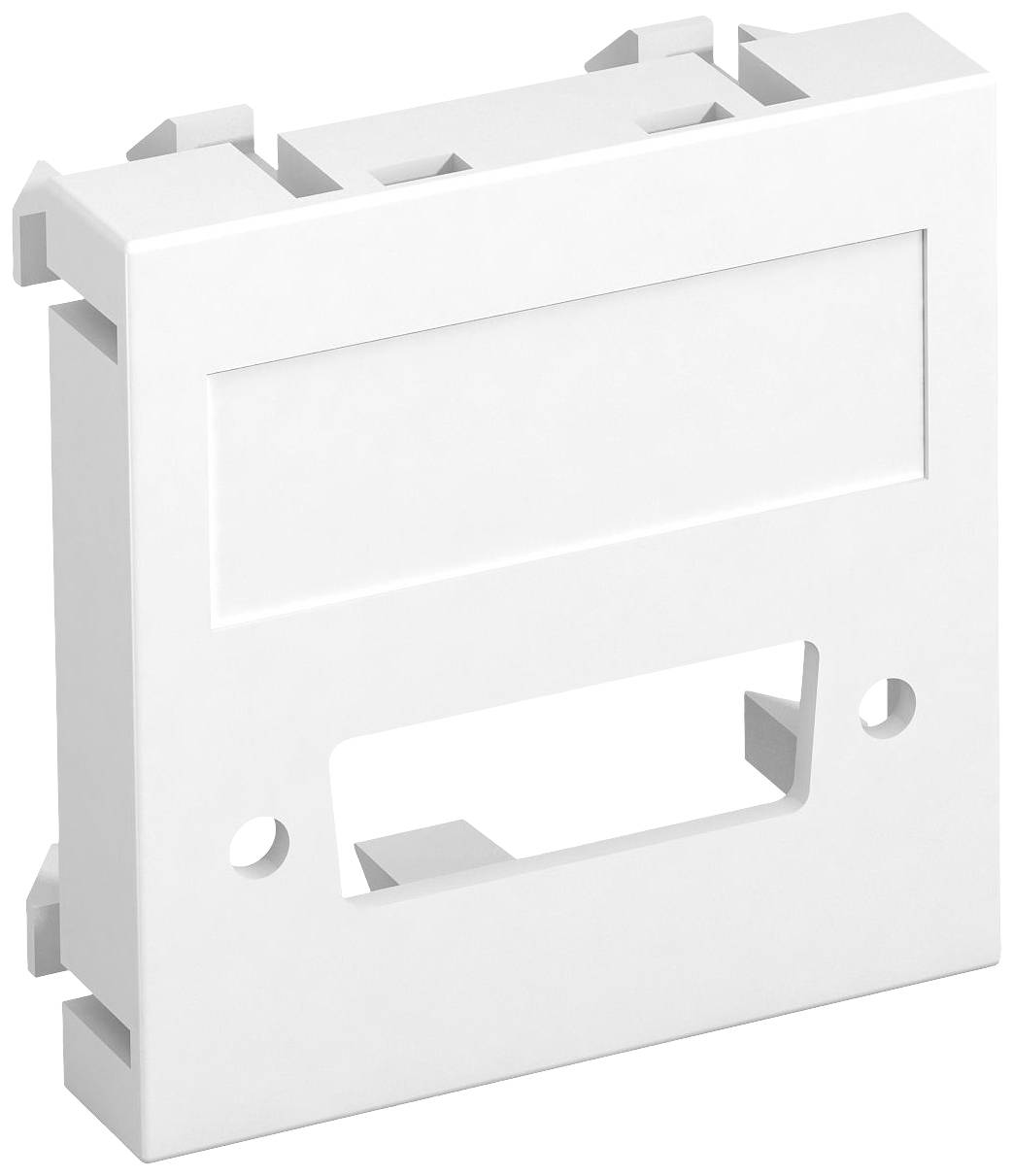 Un module en plastique blanc avec une découpe rectangulaire et deux trous de fixation ; utilisé pour les installations électriques.