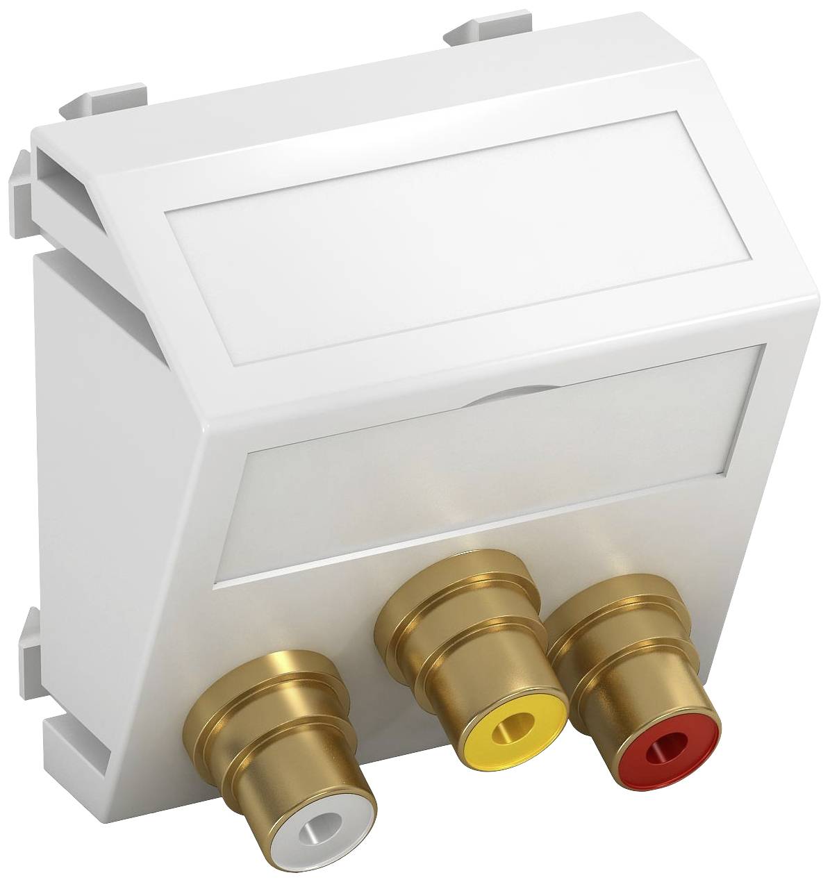 Une fiche blanche avec trois prises RCA en blanc, jaune et rouge pour les connexions audio et vidéo.