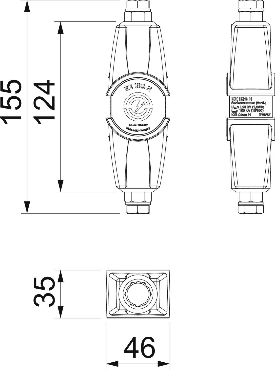 Dessin technique d'un connecteur de câble antidéflagrant Ex-d avec dimensions : hauteur 155 mm, largeur 46 mm, profondeur 35 mm.