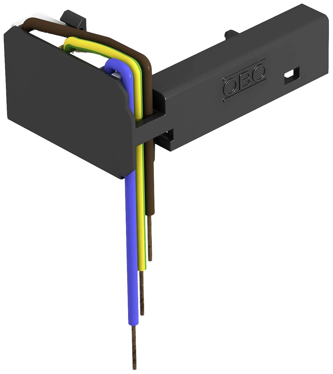 Un support de câble noir avec quatre câbles de différentes couleurs (marron, bleu, jaune-vert) est utilisé pour un acheminement ordonné des câbles.