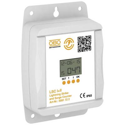 Un compteur de coups de foudre avec affichage numérique indique 47. Texte : 'Compteur de coups de foudre et de surtensions', logo OBO, code QR.