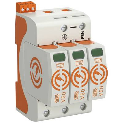 Un interrupteur de protection contre la foudre et les surtensions tripolaire avec des détails orange, adapté pour une utilisation dans des installations électriques.
