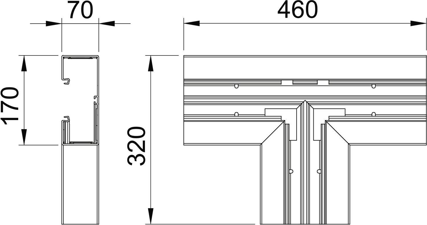 Dessin technique d'un profilé métallique en forme de T. Dimensions : hauteur 170 mm, largeur 460 mm, profondeur 320 mm.