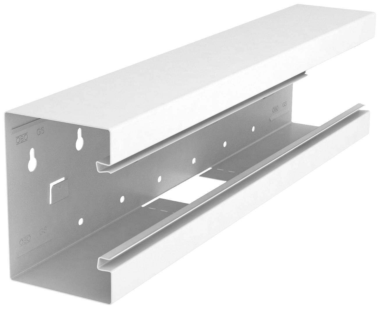 Un profilé rectangulaire en métal peint en blanc, ouvert sur un côté, probablement utilisé comme support ou support de fixation.