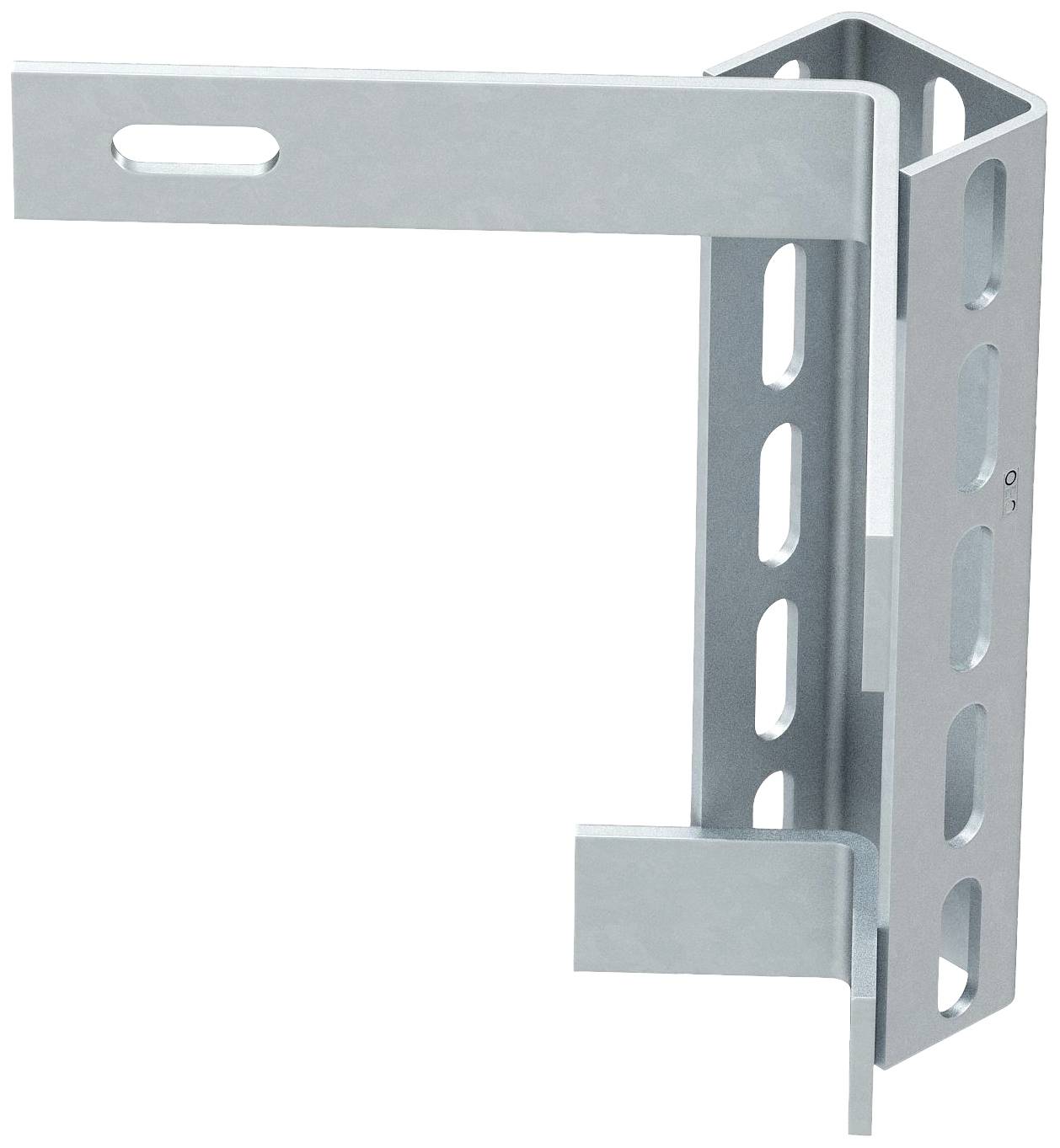 Support d'angle en acier galvanisé, avec des trous ovales et rectangulaires pour un montage flexible sur des murs ou des structures.
