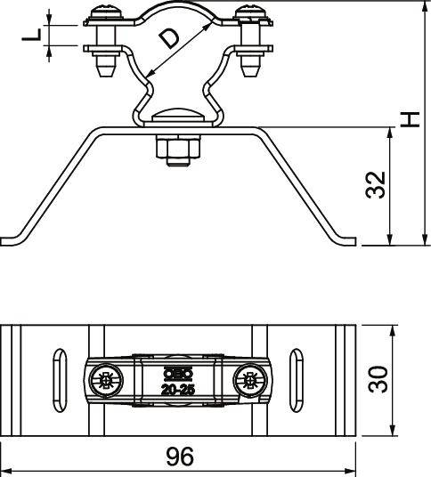 Dessin technique d'une borne électrique : Vue de côté en haut, vue de dessus en bas. Dimensions : hauteur 32, largeur 96, profondeur 30.