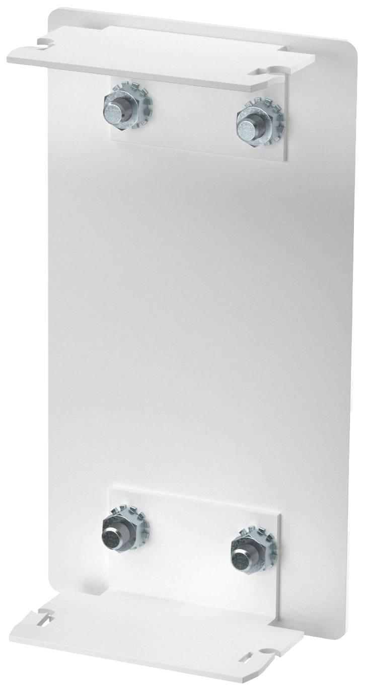 Support de fixation en métal blanc avec deux vis en haut et en bas, destiné à être fixé au mur ou pour des applications techniques.