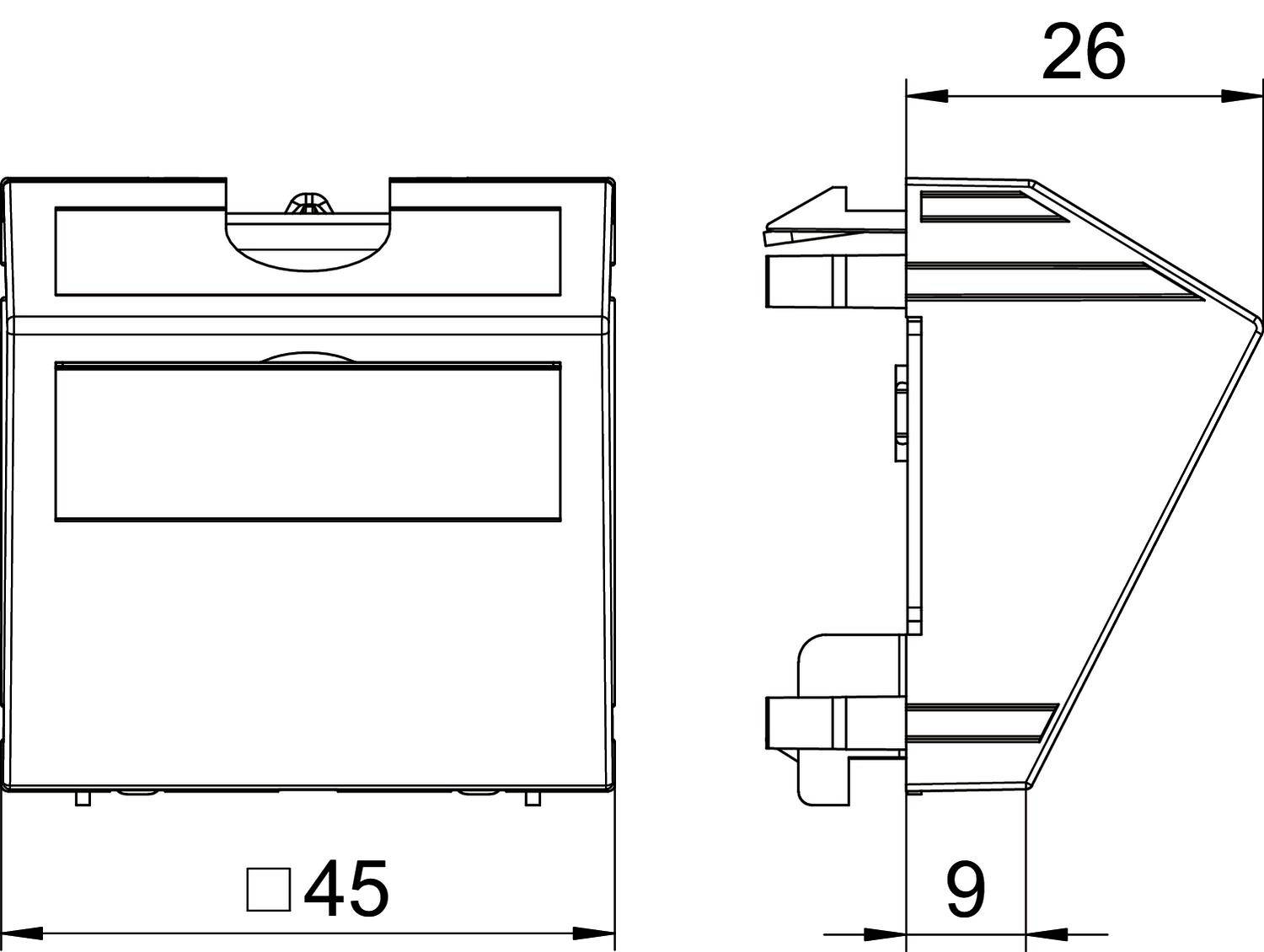 Dessin technique d'un composant rectangulaire avec les dimensions suivantes : largeur 45 mm, hauteur 26 mm, profondeur 9 mm. Présente les vues de face et de côté.