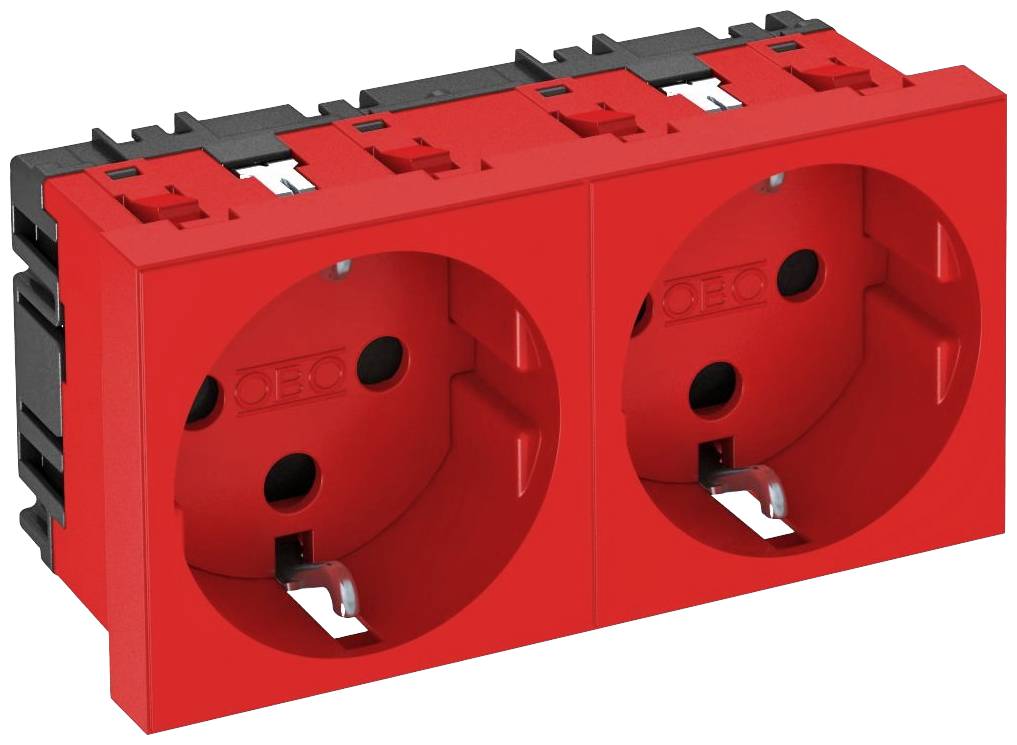 Prise double rouge encastrable. Adaptée aux connexions électriques nécessitant des exigences de sécurité.