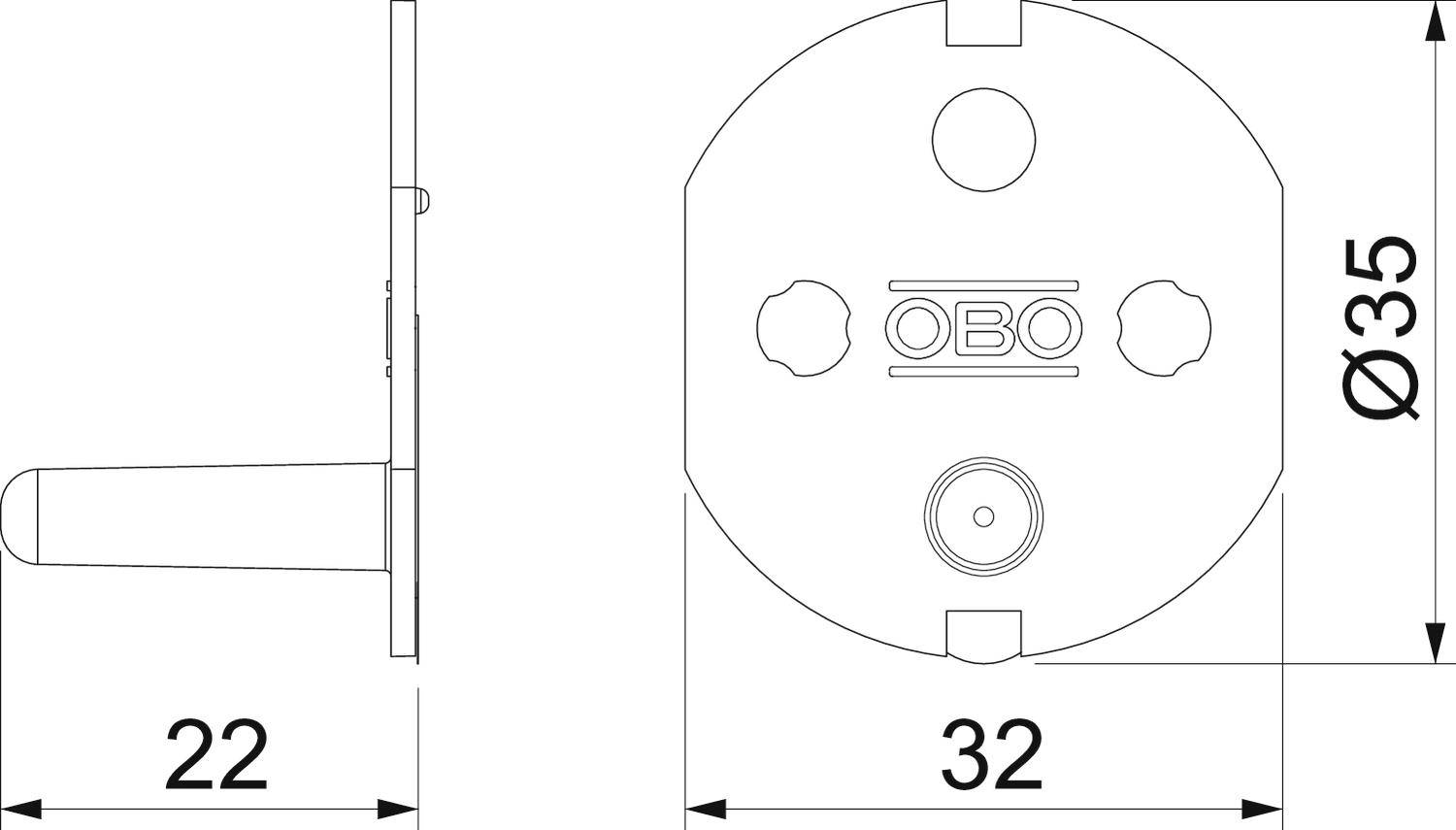 Dessin technique d'un élément de fixation d'OBO, montrant les dimensions : diamètre 35 mm, profondeur 22 mm, largeur 32 mm.