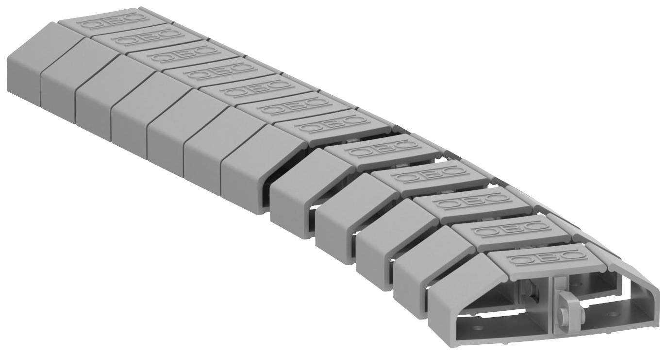 Chaîne de câbles grise en plastique, composée de plusieurs maillons rectangulaires interconnectés et disposés en courbe.