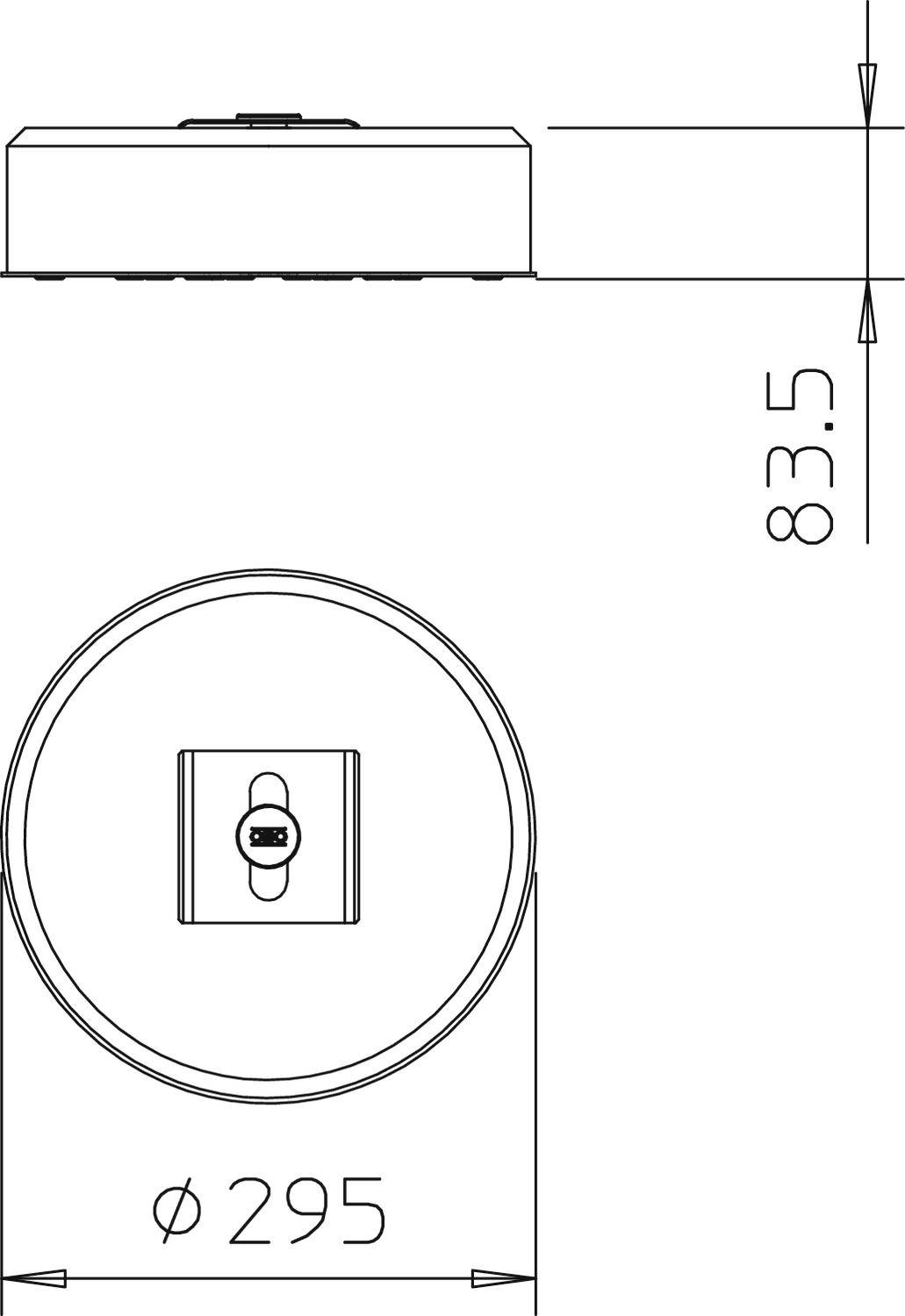 Dessin technique d'un composant circulaire d'un diamètre de 295 mm et d'une hauteur de 83,5 mm, vue de côté et vue de dessus.