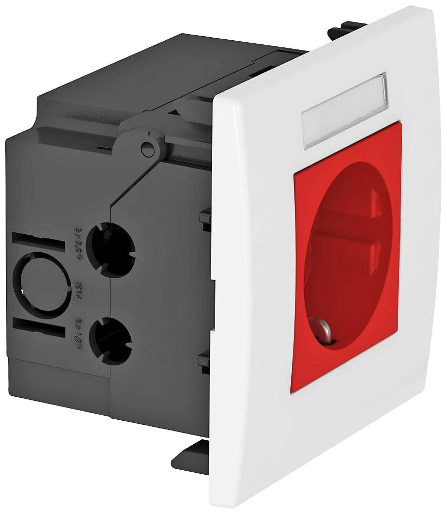 Un interrupteur marche-arrêt rouge avec un cadre blanc, adapté aux appareils électriques. L'interrupteur est visible de profil et n'est pas enclenché.