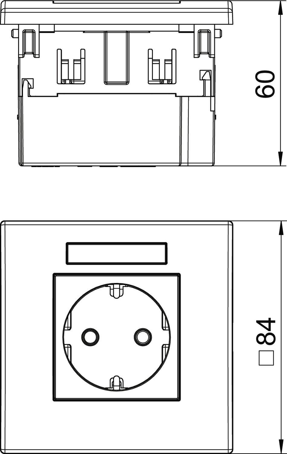 Dessin d'une prise électrique avec dimensions : hauteur 60 mm, largeur 84 mm. Présente une vue de face et une vue latérale avec points de fixation.