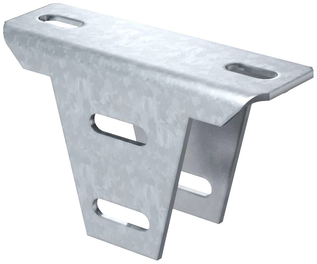 Support métallique en acier galvanisé avec trois trous rectangulaires arrondis pour la fixation. Adapté aux applications structurelles.