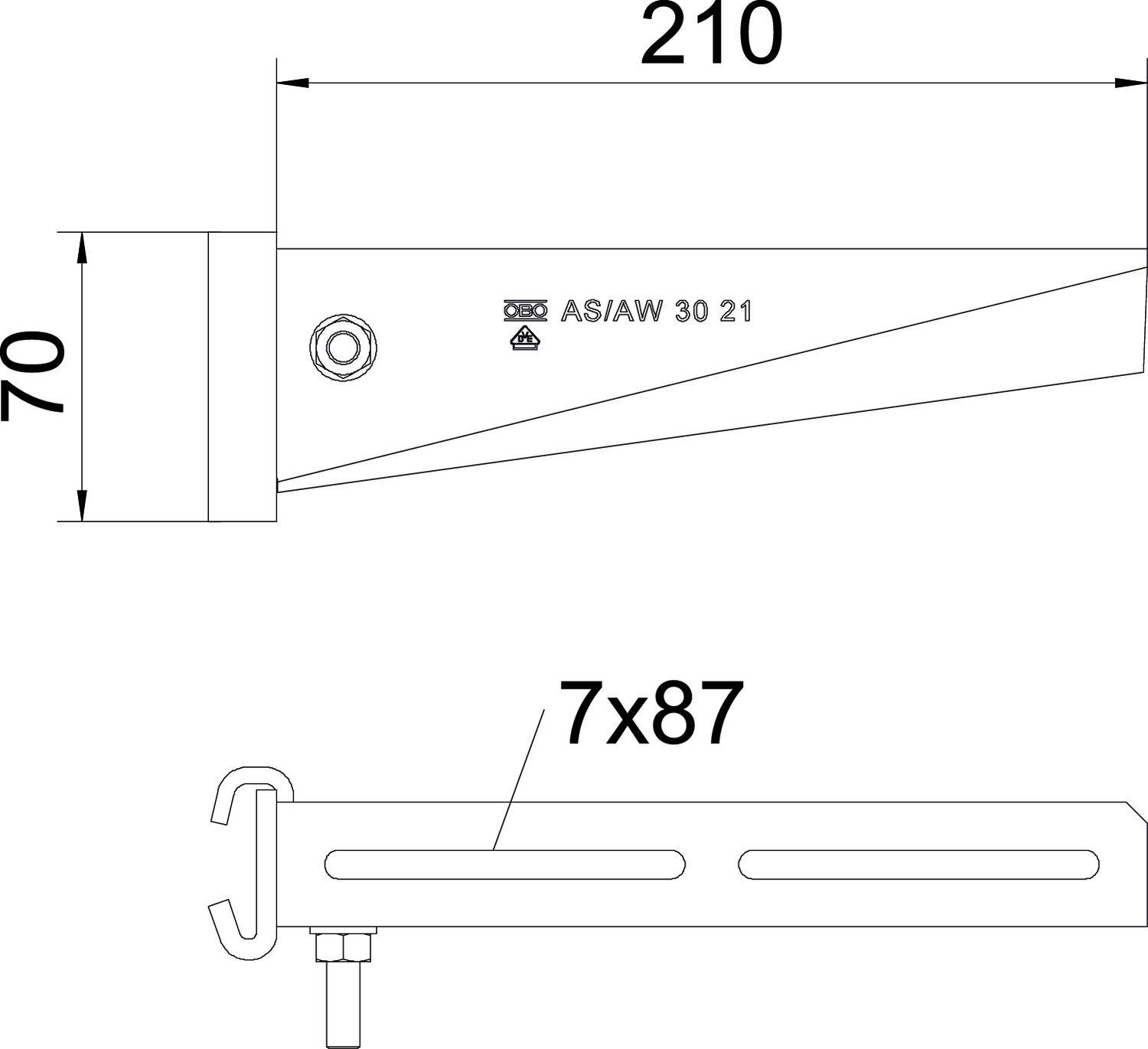 Dessin technique d'un composant avec les dimensions 210x70 mm. Annotations : 'ASI/AW 30 21' et '7x87'. Vue de côté et vue de dessus.