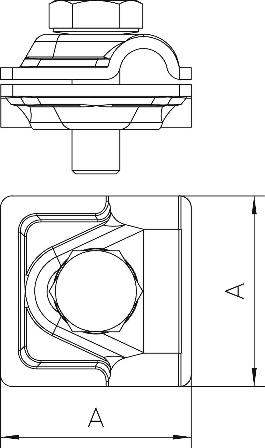 Dessin technique d'une pièce mécanique avec assemblage par vis, vue de face et vue latérale. Dimensions 'A' indiquées sur les deux côtés.