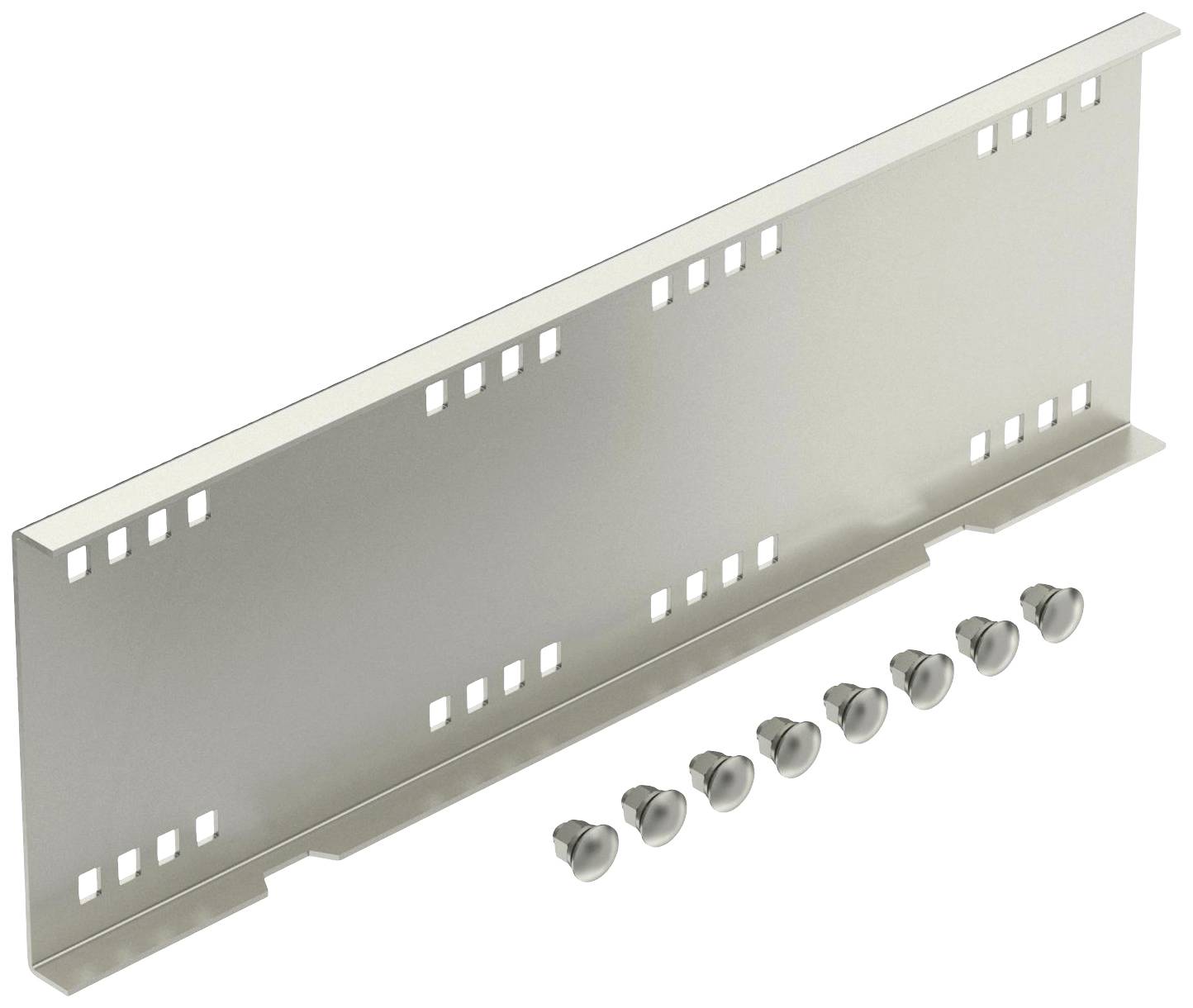 Pièce de rail métallique avec plusieurs trous rectangulaires et sept vis de fixation en dessous.