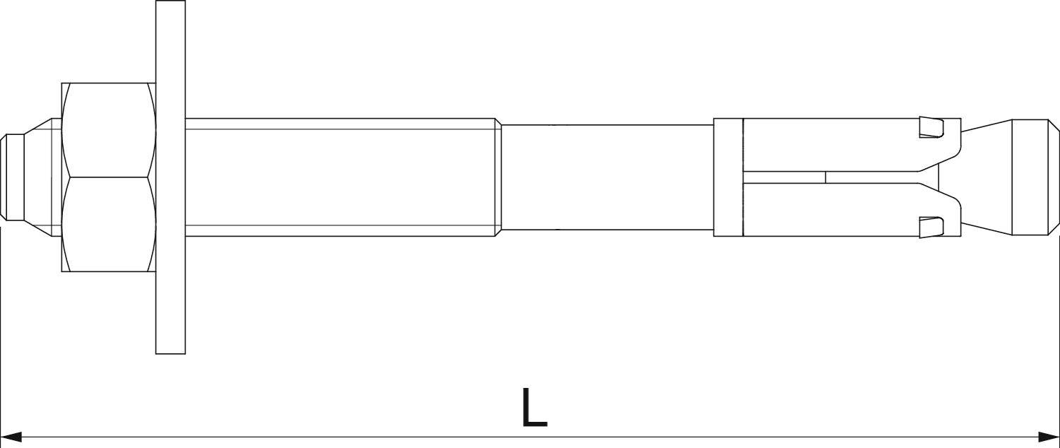 Dessin technique d'un boulon avec écrou et rondelle, vue latérale, identification de la longueur 'L'.