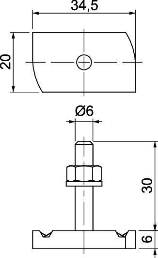 Dessin technique d'un boulon métallique avec les dimensions suivantes : largeur 34,5 mm, hauteur 20 mm, diamètre du boulon 6 mm, hauteur totale 30 mm.